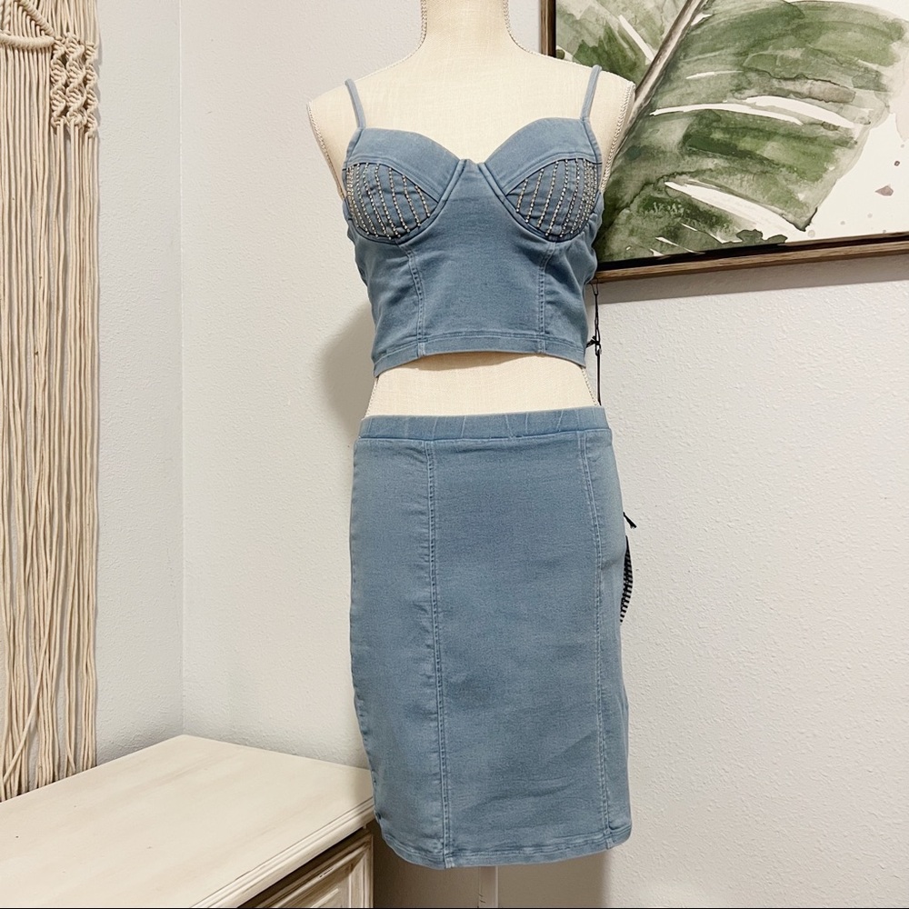 NEW SEXY Denim rhinestone crop top and skirt set Size L